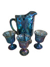 Iridescent Blue Carnival Glass Grape Pattern Pitcher & Goblet Set – 4 Pieces
