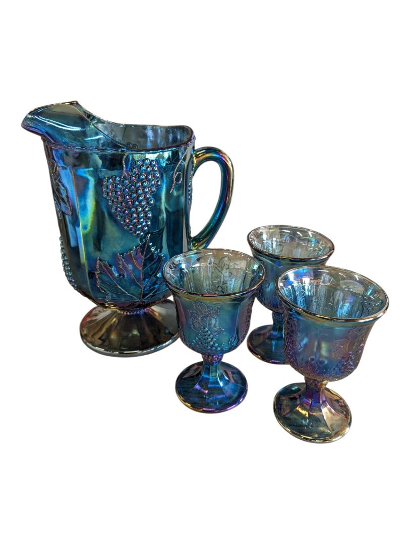 Iridescent Blue Carnival Glass Grape Pattern Pitcher & Goblet Set – 4 Pieces