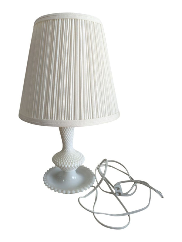 Vintage White Milk Glass Hobnail Table Lamp with Pleated Shade