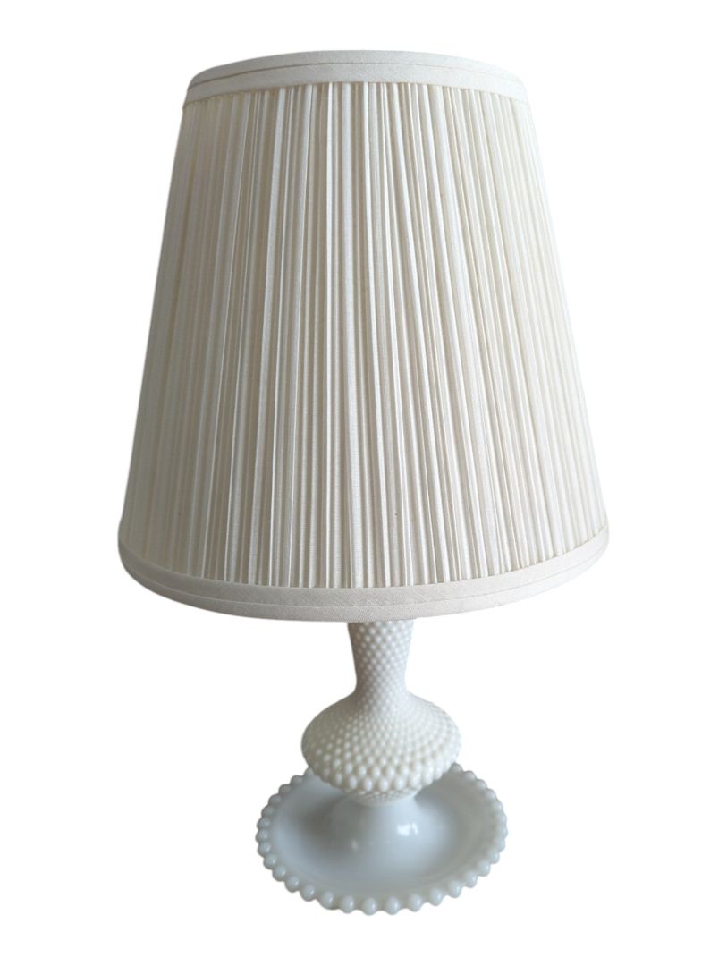 Vintage White Milk Glass Hobnail Table Lamp with Pleated Shade