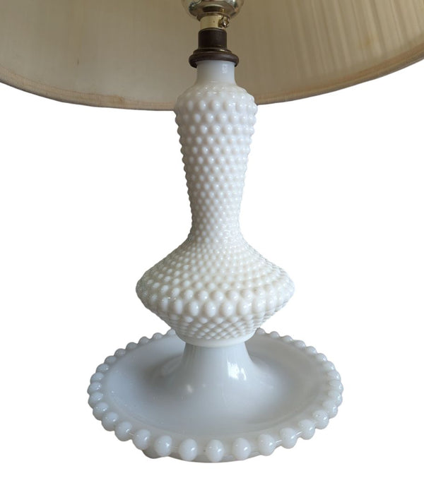 Vintage White Milk Glass Hobnail Table Lamp with Pleated Shade