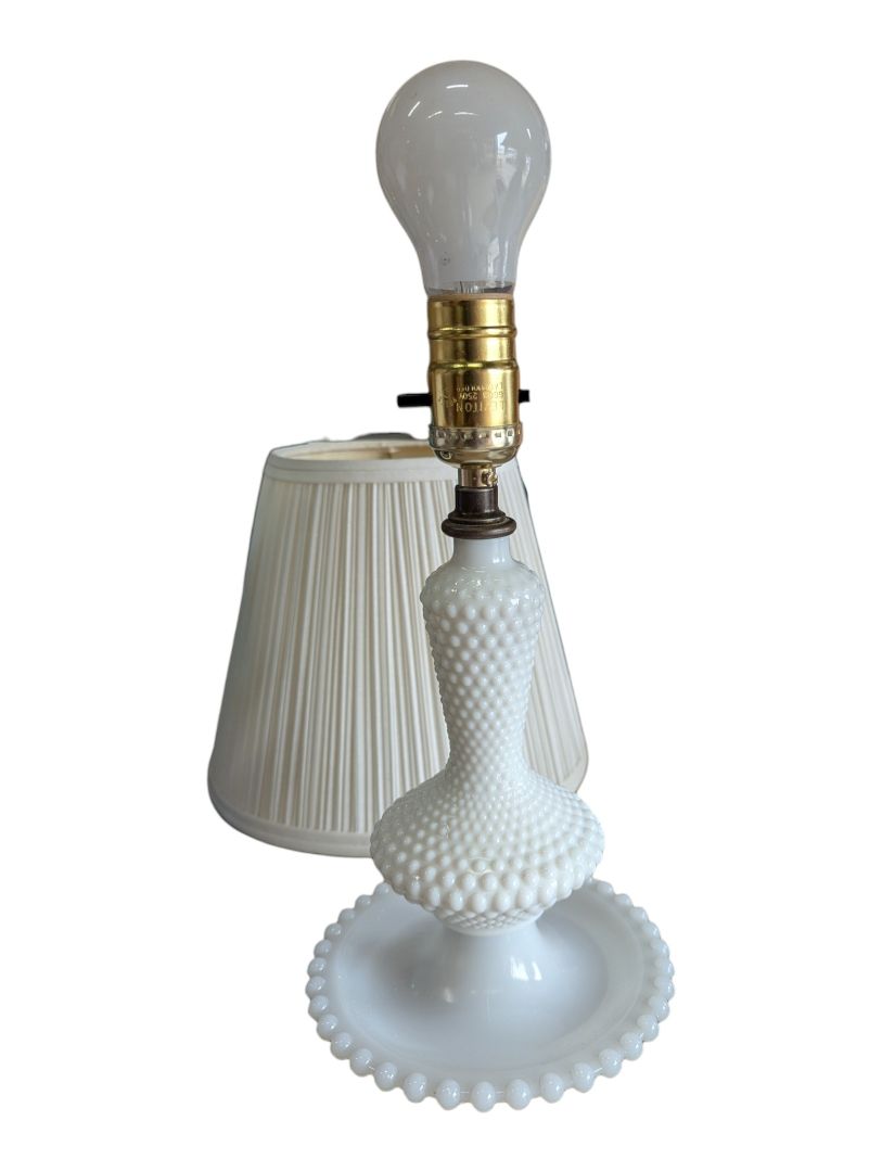 Vintage White Milk Glass Hobnail Table Lamp with Pleated Shade