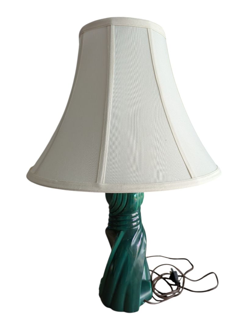 Mid-Century Modern Green Ceramic Sculptural Table Lamp with Shade