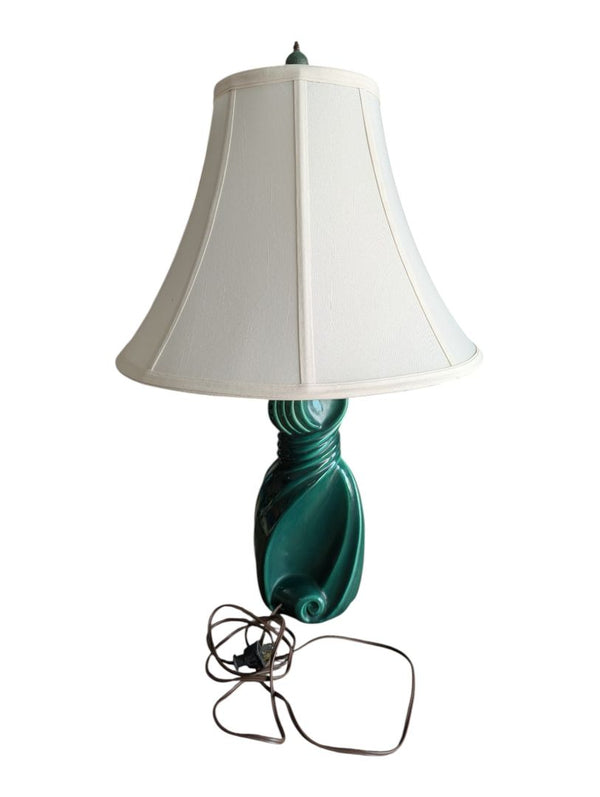 Mid-Century Modern Green Ceramic Sculptural Table Lamp with Shade