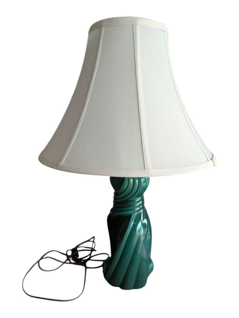 Mid-Century Modern Green Ceramic Sculptural Table Lamp with Shade
