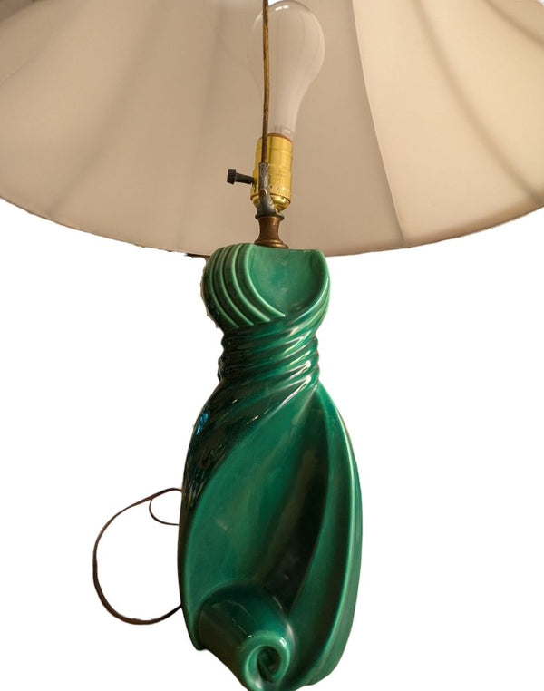 Mid-Century Modern Green Ceramic Sculptural Table Lamp with Shade