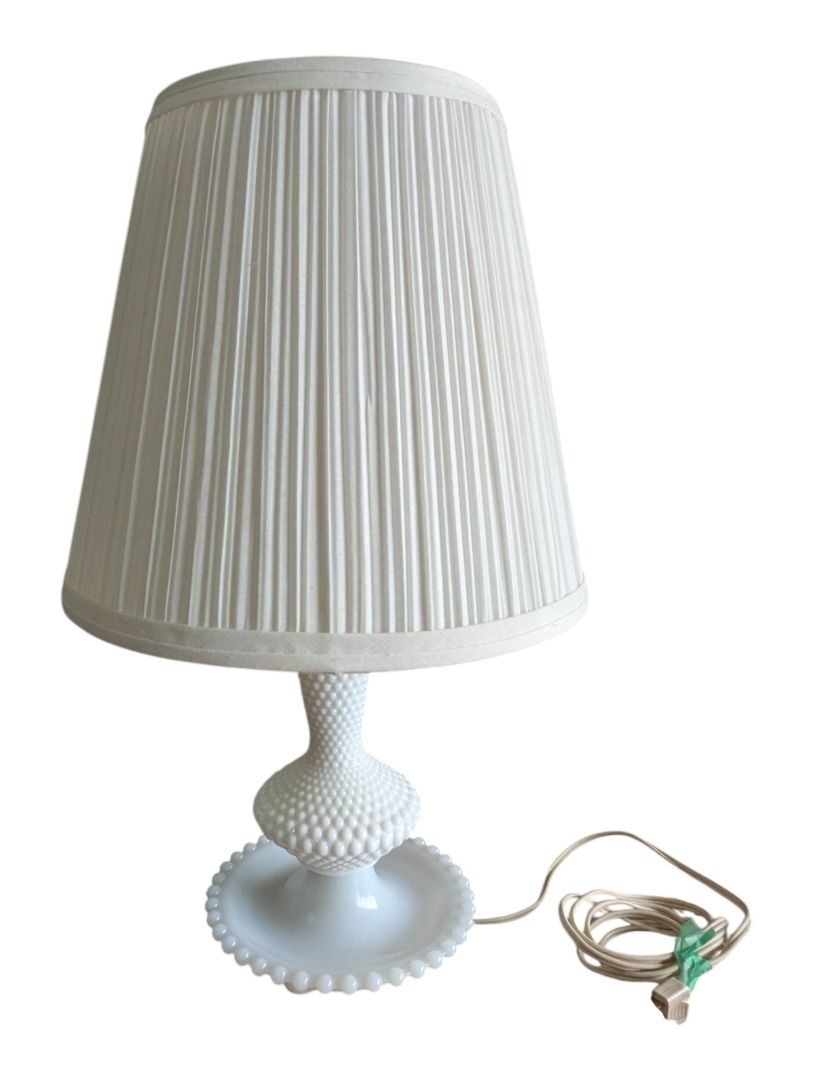 Vintage White Milk Glass Hobnail Table Lamp with Pleated Shade