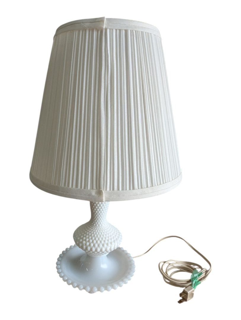 Vintage White Milk Glass Hobnail Table Lamp with Pleated Shade