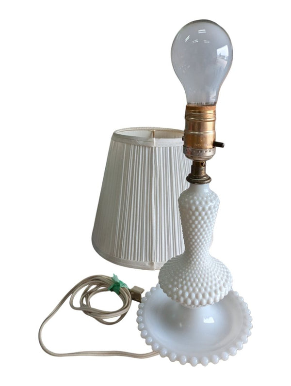 Vintage White Milk Glass Hobnail Table Lamp with Pleated Shade