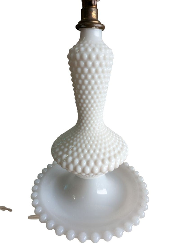 Vintage White Milk Glass Hobnail Table Lamp with Pleated Shade