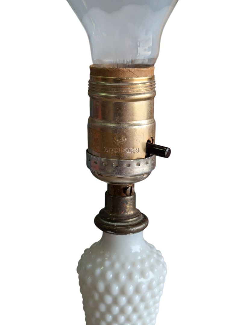Vintage White Milk Glass Hobnail Table Lamp with Pleated Shade