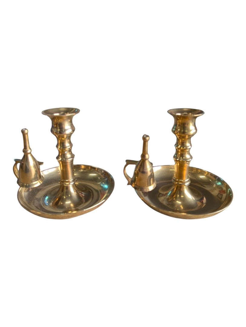 Pair of Vintage Brass Chamberstick Candle Holders with Snuffers