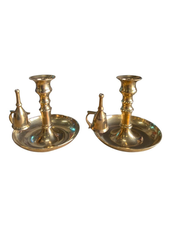 Pair of Vintage Brass Chamberstick Candle Holders with Snuffers