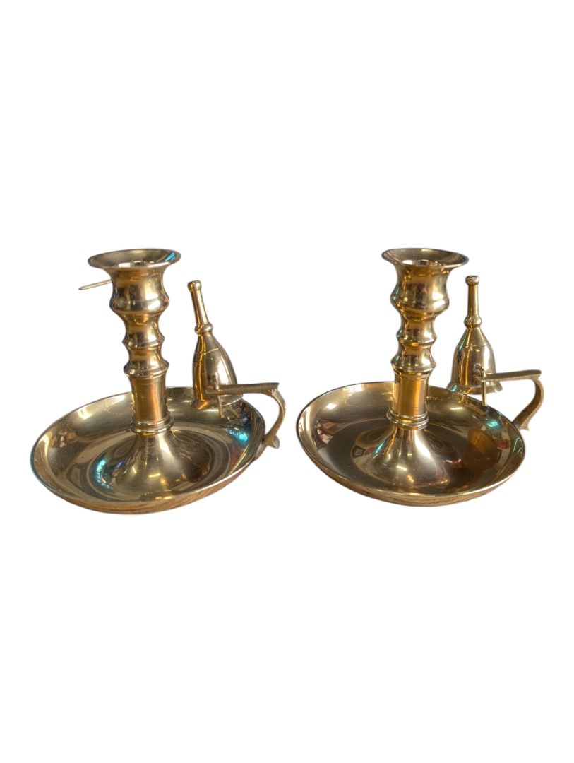 Pair of Vintage Brass Chamberstick Candle Holders with Snuffers