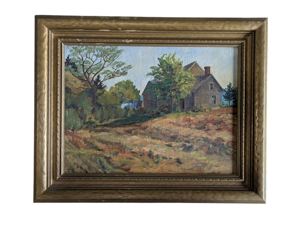 Vintage Original Oil Painting of a Rural Farmhouse Landscape in Gold-Tone Frame