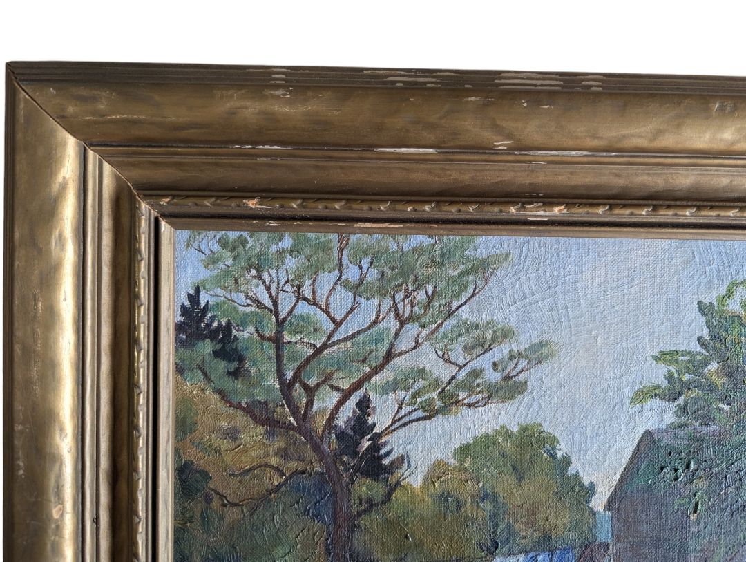 Vintage Original Oil Painting of a Rural Farmhouse Landscape in Gold-Tone Frame