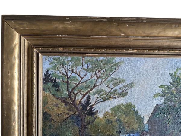 Vintage Original Oil Painting of a Rural Farmhouse Landscape in Gold-Tone Frame