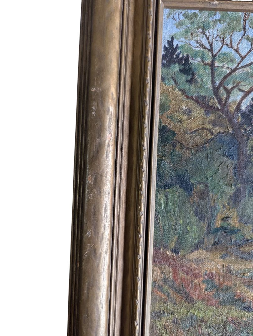 Vintage Original Oil Painting of a Rural Farmhouse Landscape in Gold-Tone Frame