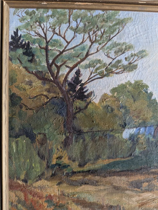 Vintage Original Oil Painting of a Rural Farmhouse Landscape in Gold-Tone Frame