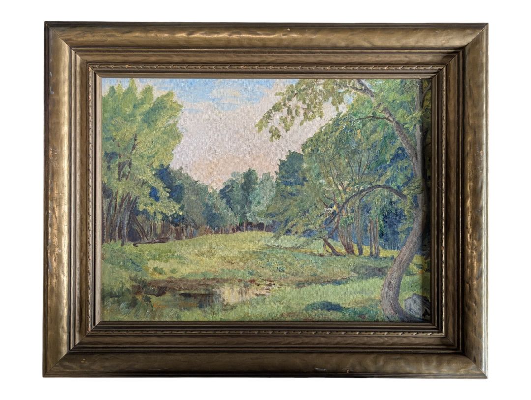 Vintage Original Oil Landscape Painting of Woodland Clearing in Gold-Tone Frame