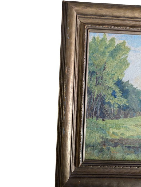 Vintage Original Oil Landscape Painting of Woodland Clearing in Gold-Tone Frame