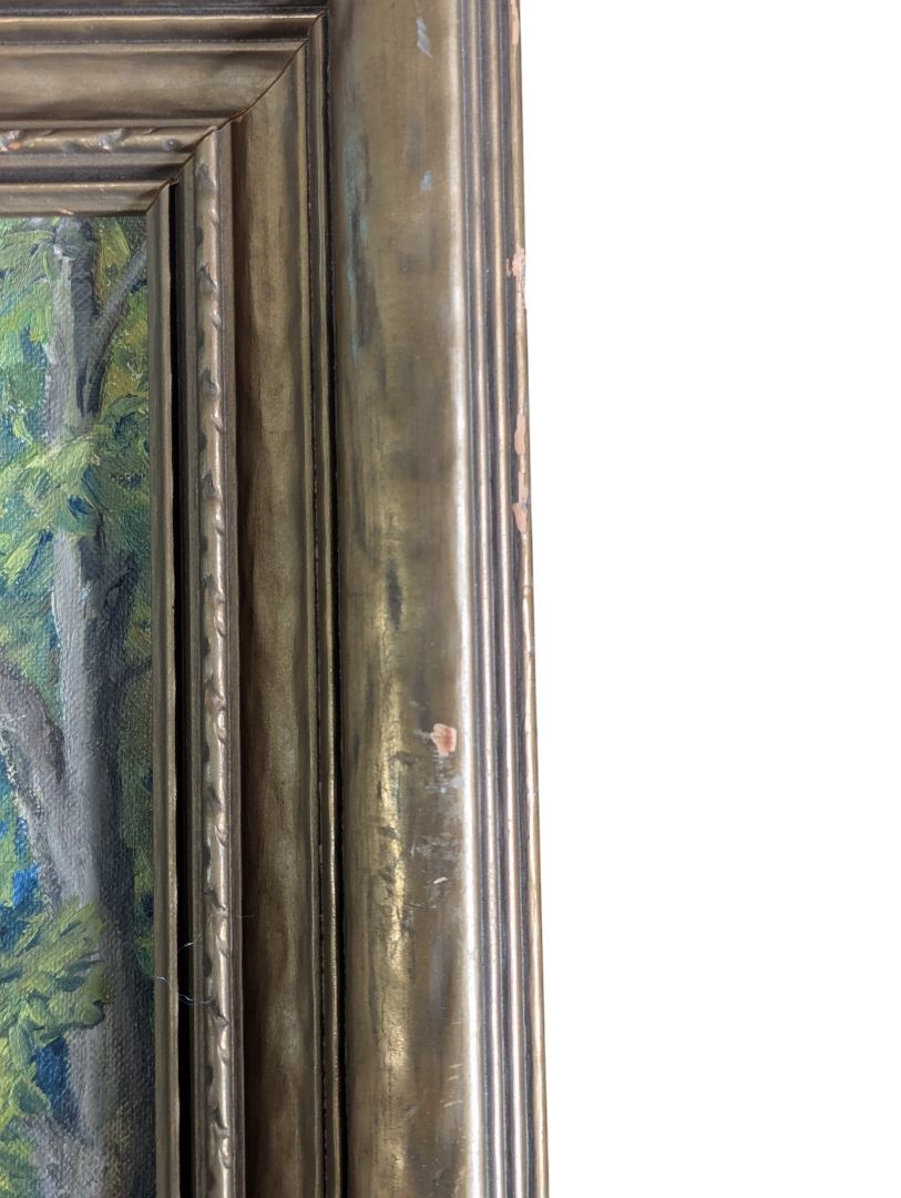 Vintage Original Oil Landscape Painting of Woodland Clearing in Gold-Tone Frame