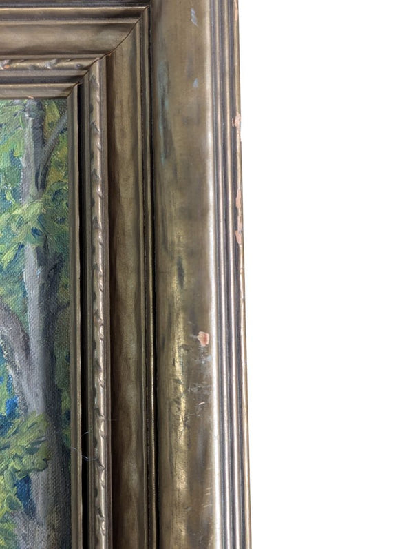 Vintage Original Oil Landscape Painting of Woodland Clearing in Gold-Tone Frame