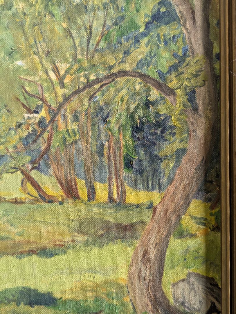 Vintage Original Oil Landscape Painting of Woodland Clearing in Gold-Tone Frame