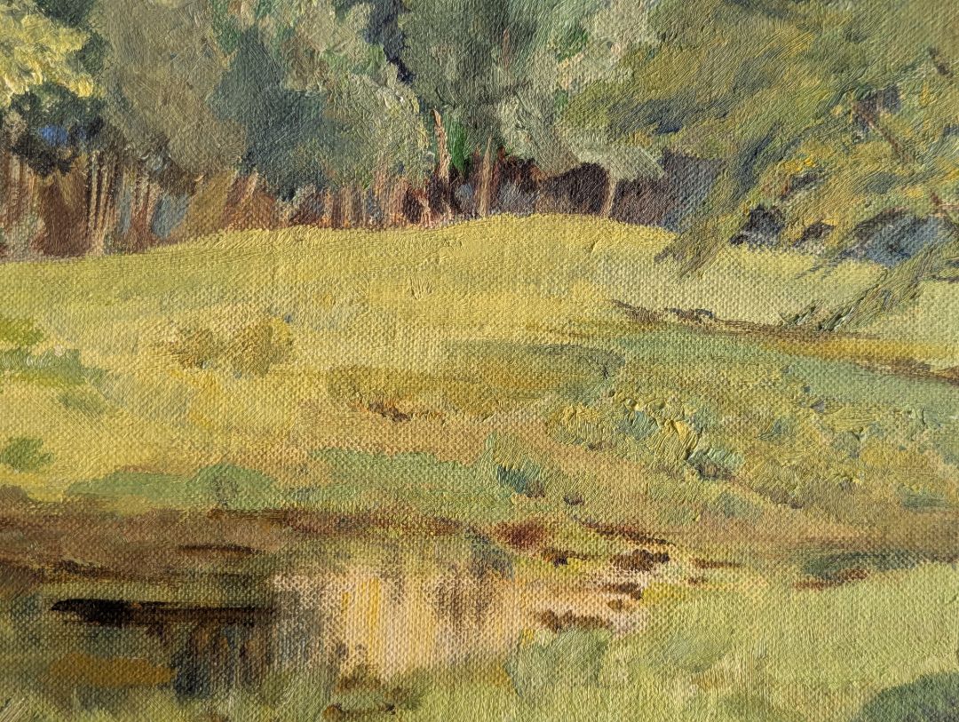 Vintage Original Oil Landscape Painting of Woodland Clearing in Gold-Tone Frame