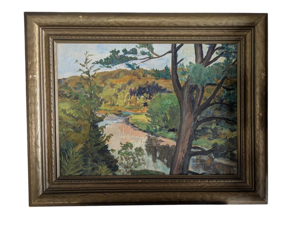 Vintage Original Oil Landscape Painting of River Valley in Gold-Tone Frame