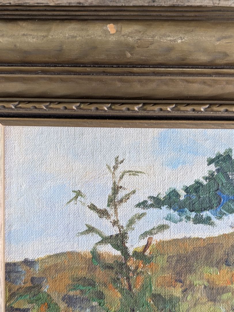 Vintage Original Oil Landscape Painting of River Valley in Gold-Tone Frame