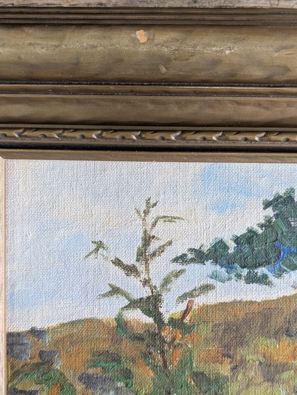 Vintage Original Oil Landscape Painting of River Valley in Gold-Tone Frame