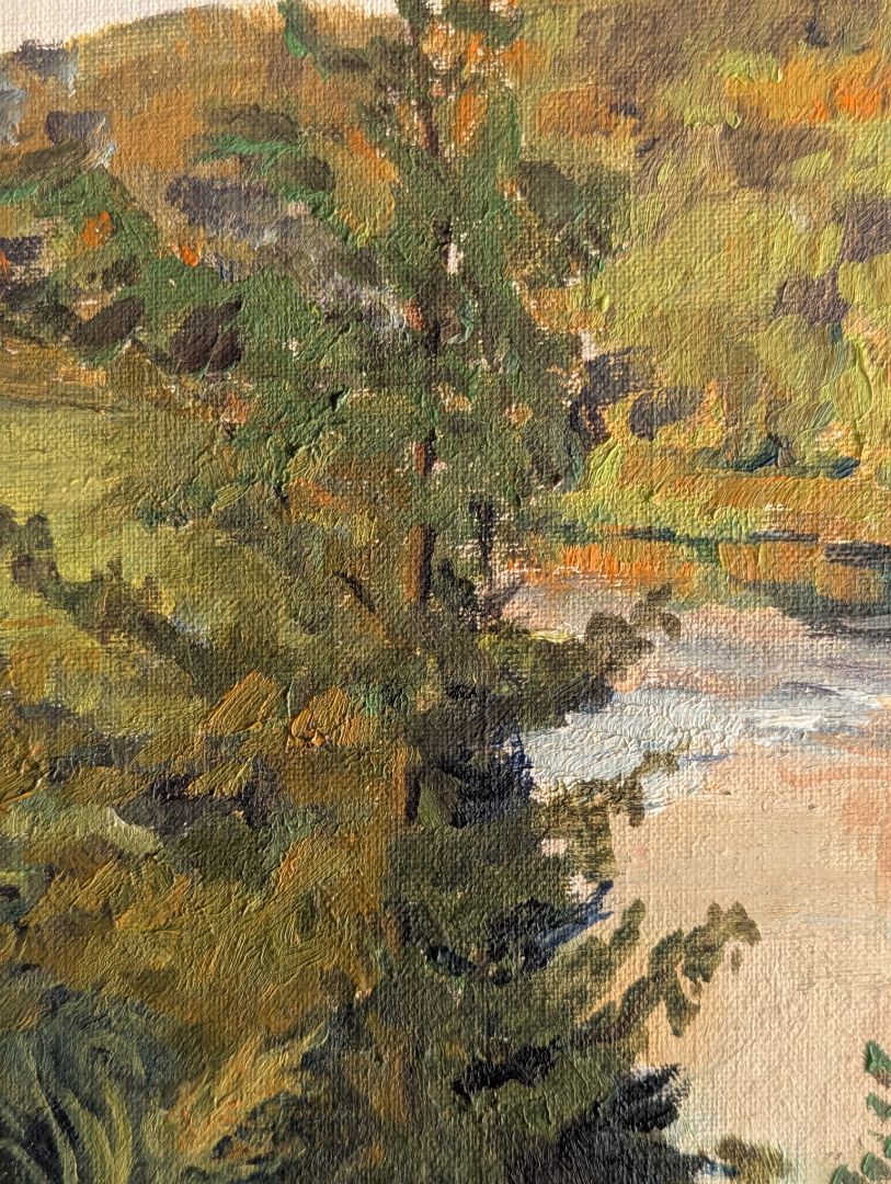 Vintage Original Oil Landscape Painting of River Valley in Gold-Tone Frame