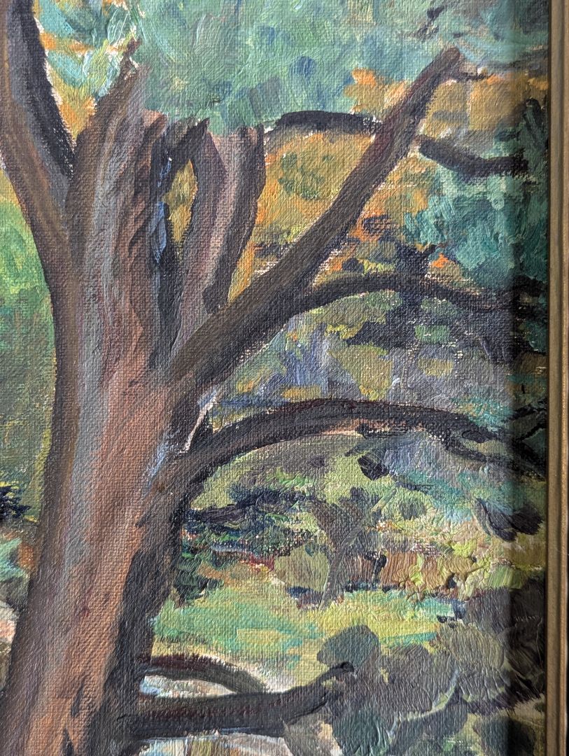 Vintage Original Oil Landscape Painting of River Valley in Gold-Tone Frame