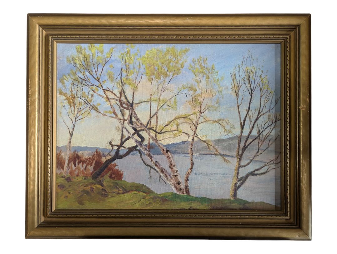 Vintage Original Oil Landscape Painting of Lakeshore Birch Trees in Gold-Tone Frame
