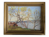 Vintage Original Oil Landscape Painting of Lakeshore Birch Trees in Gold-Tone Frame