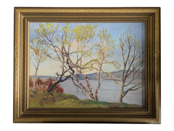 Vintage Original Oil Landscape Painting of Lakeshore Birch Trees in Gold-Tone Frame