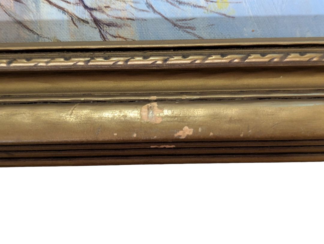 Vintage Original Oil Landscape Painting of Lakeshore Birch Trees in Gold-Tone Frame
