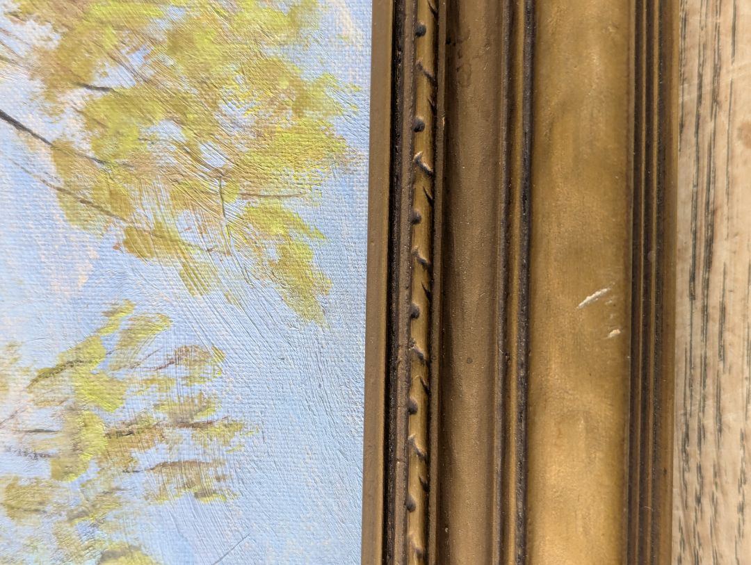 Vintage Original Oil Landscape Painting of Lakeshore Birch Trees in Gold-Tone Frame
