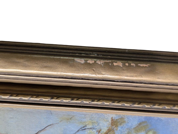 Vintage Original Oil Landscape Painting of Lakeshore Birch Trees in Gold-Tone Frame