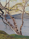 Vintage Original Oil Landscape Painting of Lakeshore Birch Trees in Gold-Tone Frame
