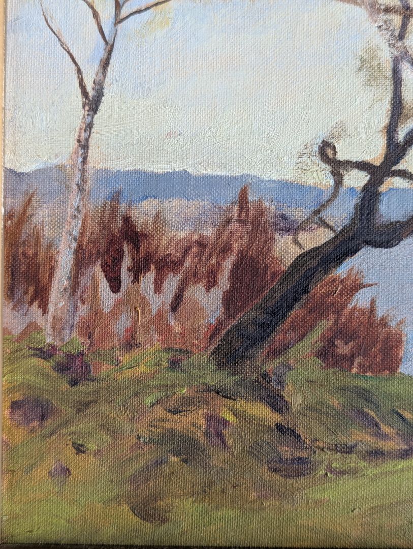 Vintage Original Oil Landscape Painting of Lakeshore Birch Trees in Gold-Tone Frame