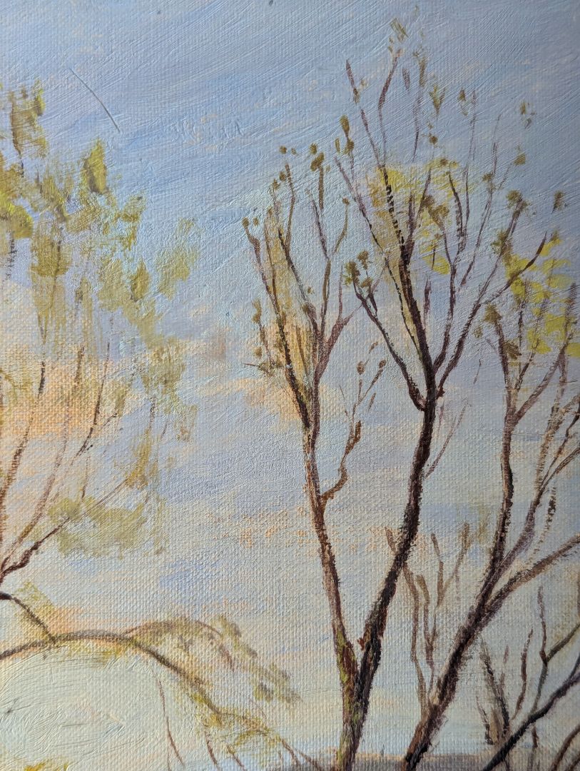 Vintage Original Oil Landscape Painting of Lakeshore Birch Trees in Gold-Tone Frame