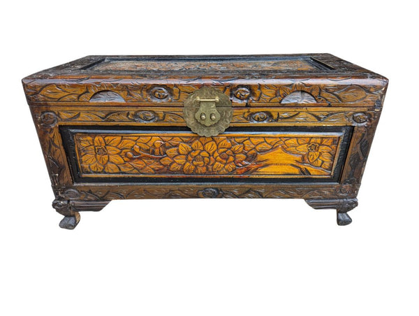 Hand-Carved Floral and Bird Wooden Storage Chest