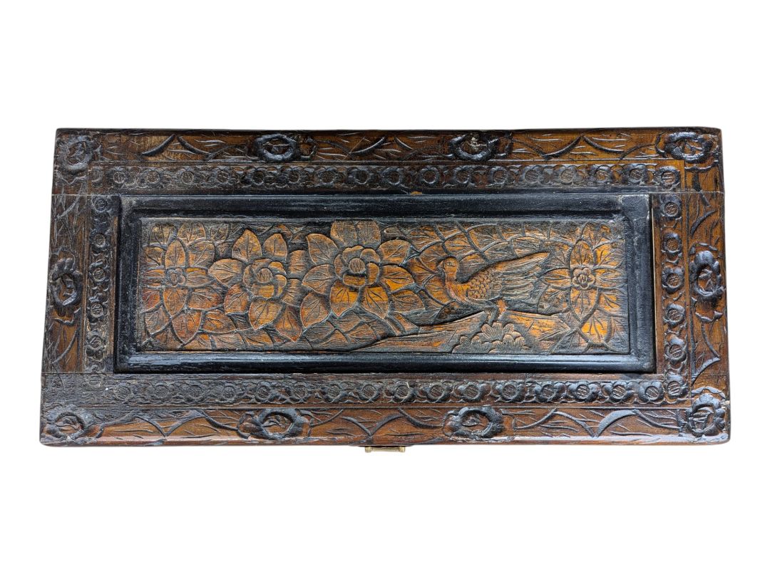 Hand-Carved Floral and Bird Wooden Storage Chest