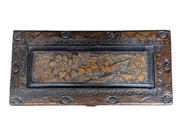 Hand-Carved Floral and Bird Wooden Storage Chest