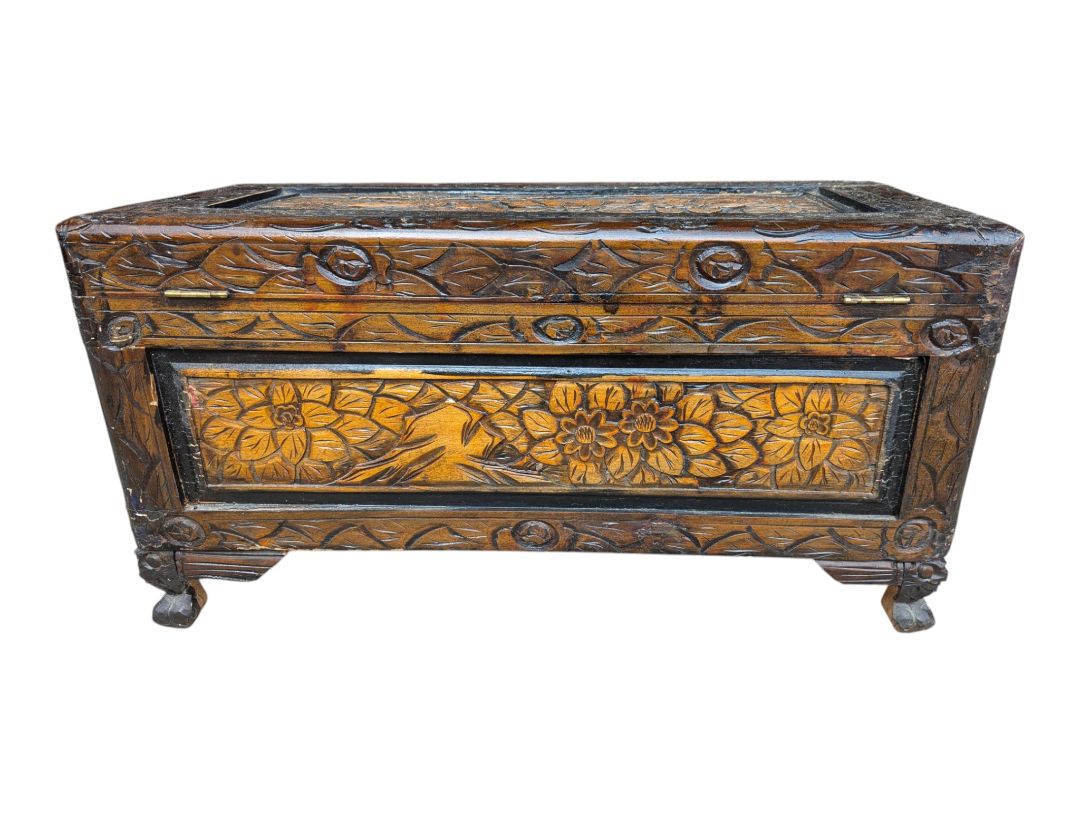 Hand-Carved Floral and Bird Wooden Storage Chest
