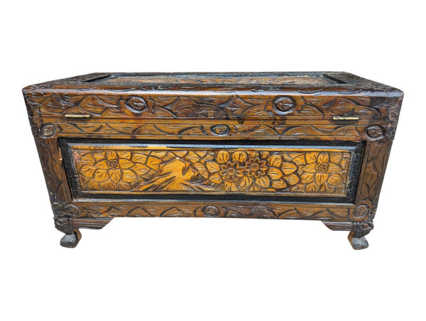 Hand-Carved Floral and Bird Wooden Storage Chest