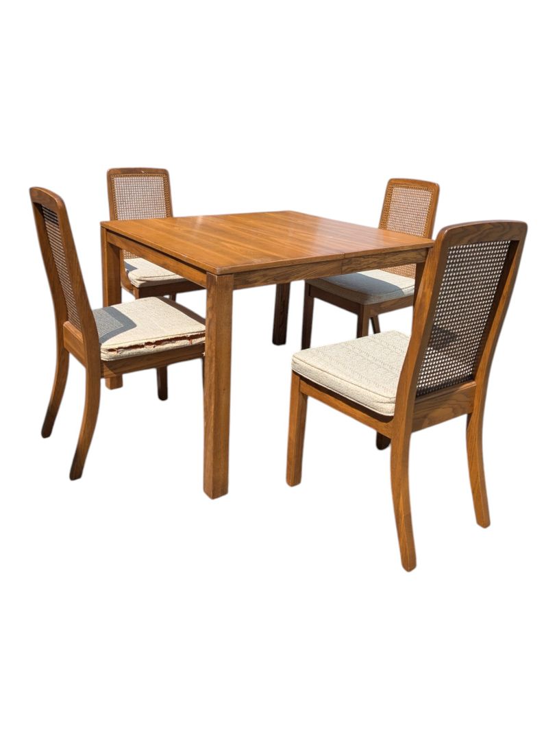 Vintage Oak Extendable Dining Table with 4 Cane-Back Chairs