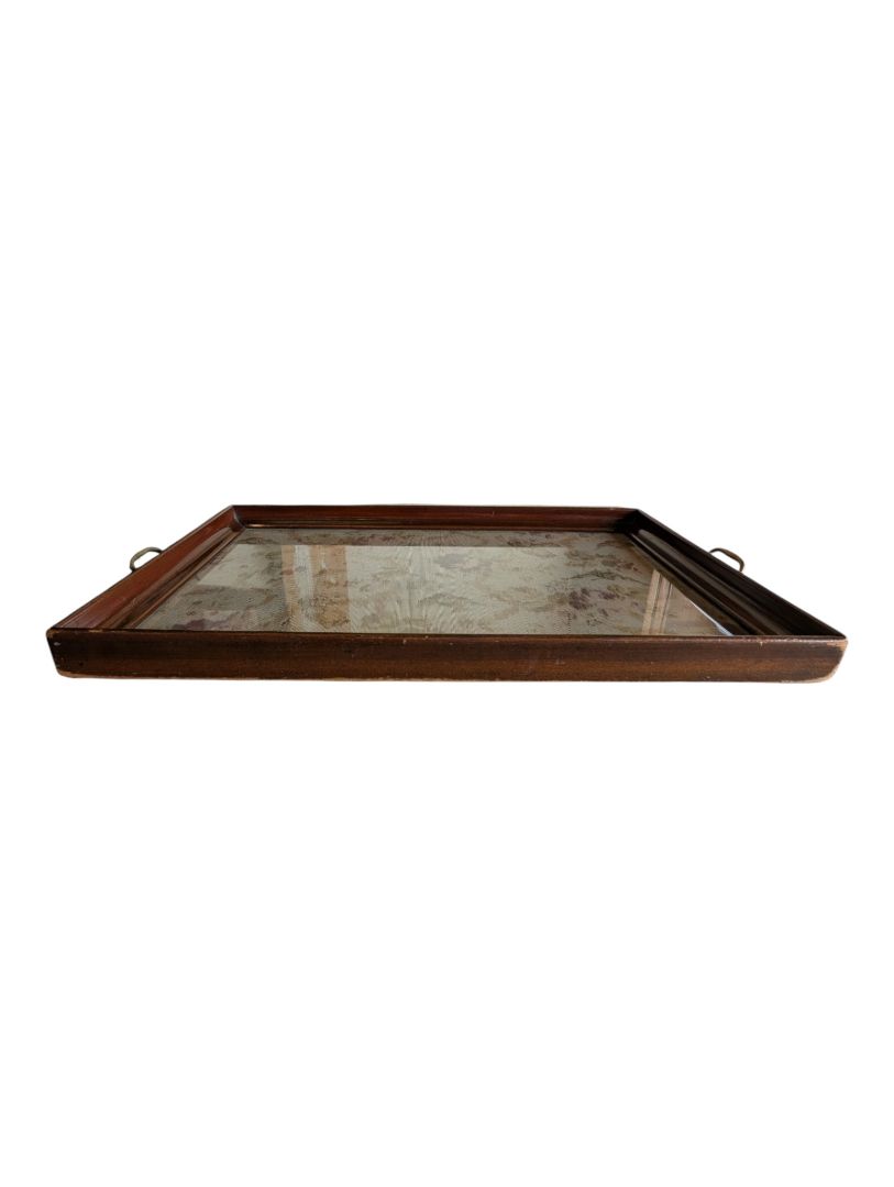 Vintage Wood-Framed Floral Glass Serving Tray